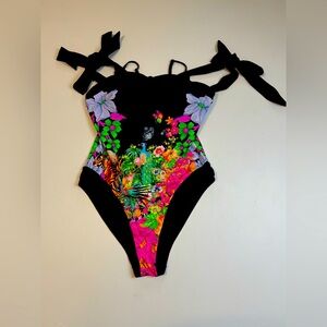 Queen The Label Black Floral One Piece Swimsuit Size 14 Mesh Lined NWOT